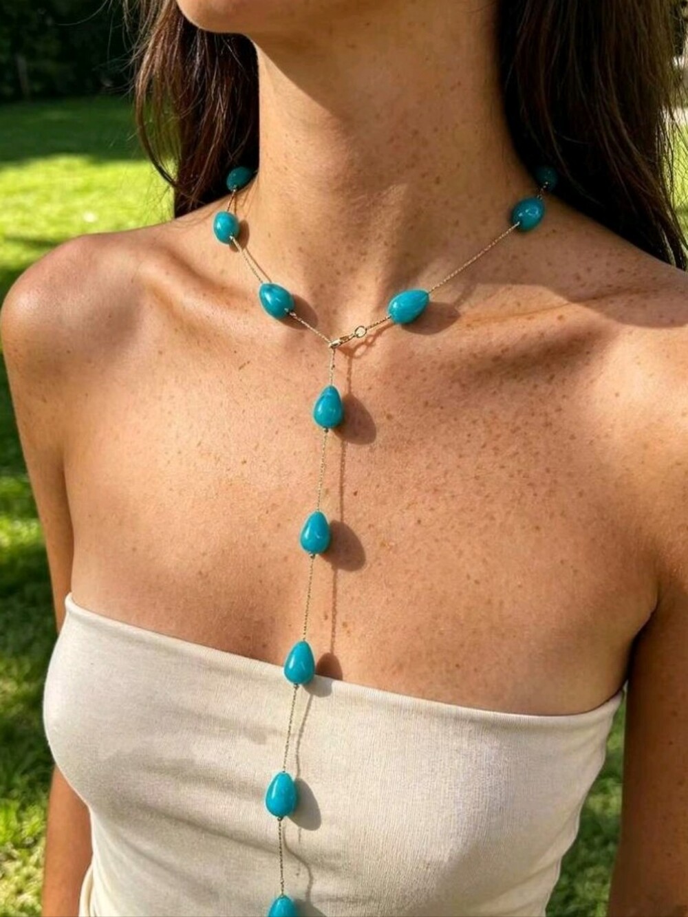 NEW! Chic Modern Blue Teardrop Lariat Gold Necklace - Elegant Women’s Jewelry